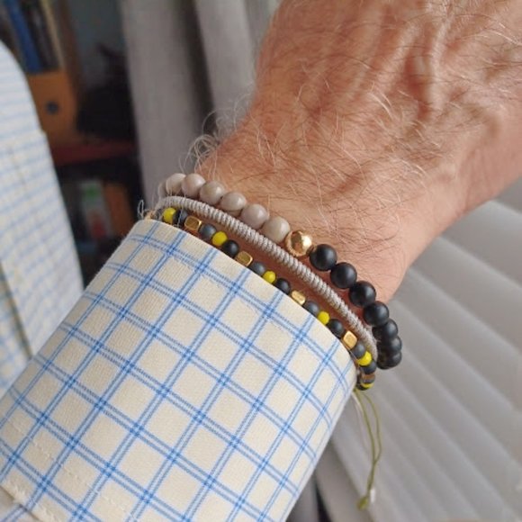 New men's jasper stone with black agate & hand woven 3 pieces set bracelets - Picture 4 of 8